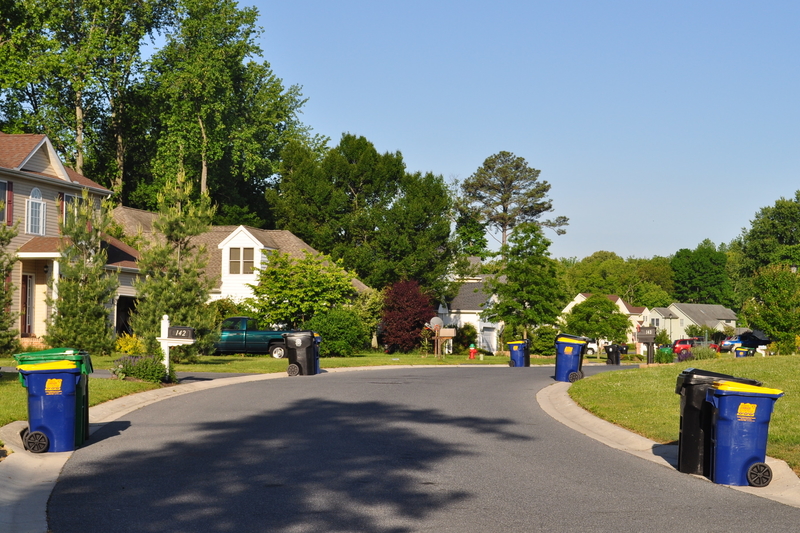 Blue recycling containers line a residential street