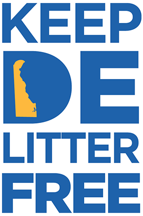 A text-based logo that reads "Keep D.E. Litter Free." The letter D in D.E., th epostal abreviation for Delaware, incorporates the shape of a map of Delaware. 