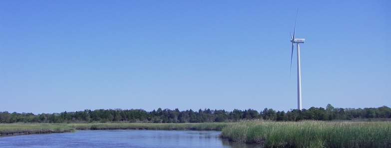 A coastal wetland landscape photo, A broad river flows through a tidal marsh with a line of upland woods in the distance and a wind turbine on the right.