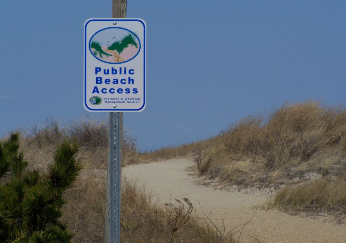 A "Public Beach Access" sign on a post in the dunes.