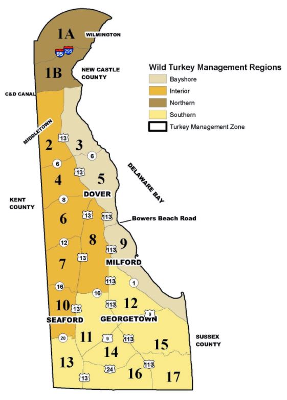 State map of Delaware showing Wild Turkey Management Zones