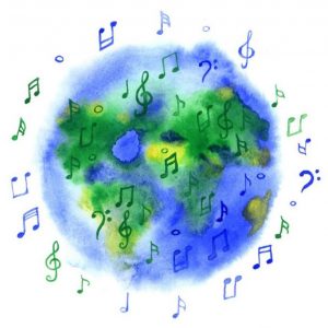 An illustration of a globe surrounded by music notes.