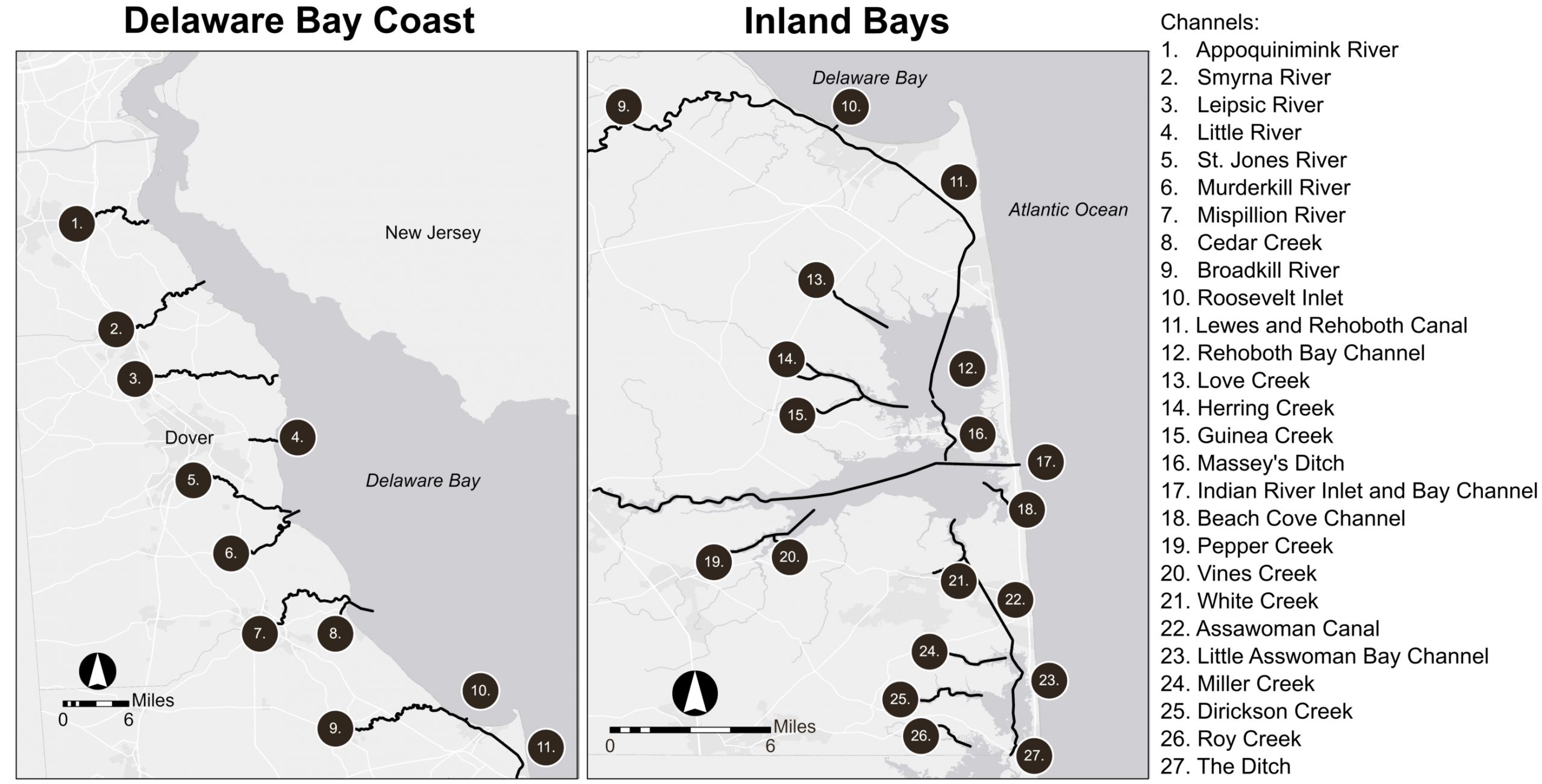 Maps showing channel locations along the Delaware Bay coast and in the Inland Bays of Delaware.