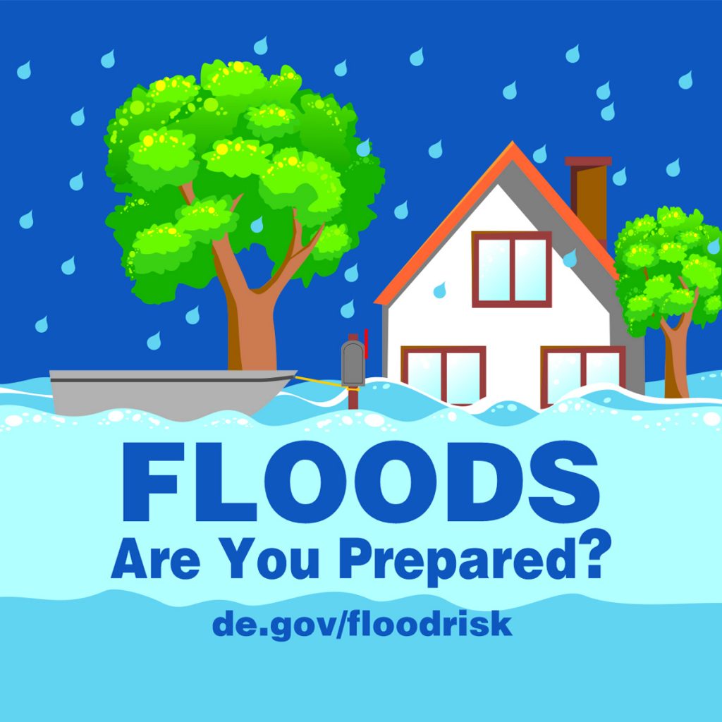 Graphic showing a flooded house with the text "Floods - are you prepared" and "de.gov/floodrisk."