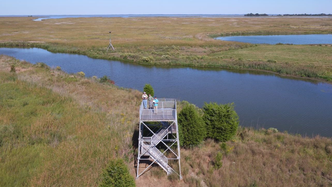 A metal observation tower next to a waterway, seen from above.