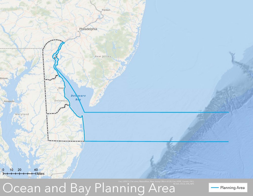 Map of the Ocean and Bay Planning area, which includes all of the Delaware River adjacent to Delaware, the Delaware half the Delaware Bay and the Atlantic Ocean from the Delaware coast out to just past the edge of the continental shelf.