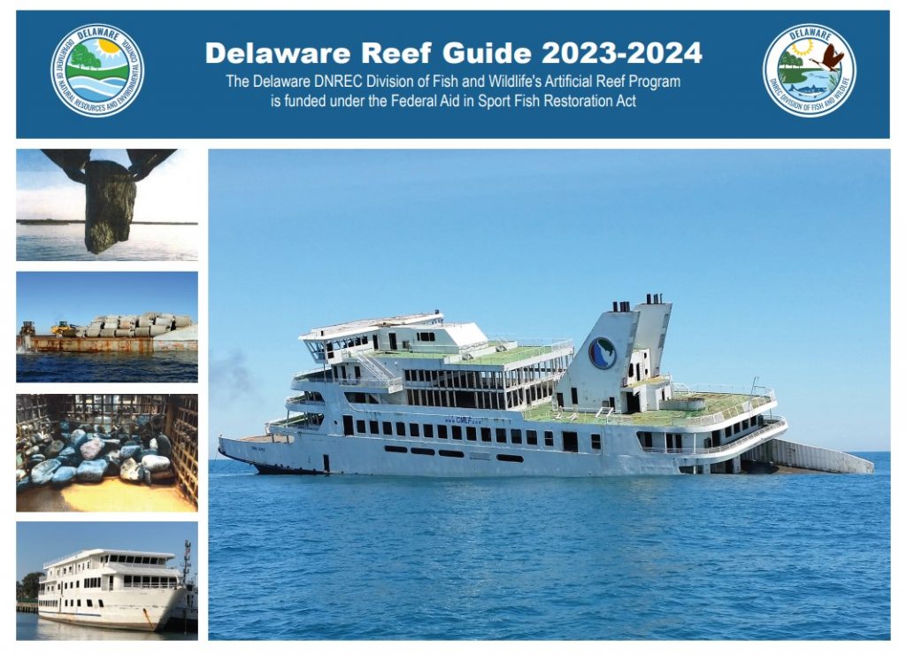 the cover of the 2023-2024 Delaware Reef Guide, showing images of different types of materials used to create artificial reefs in Delaware.