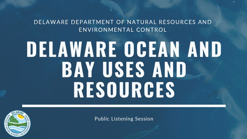 Powerpoint slide showing the title of a presentation: "Delaware Ocean and Bay Uses and Resources." 