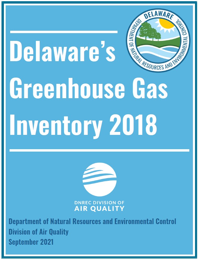 Cover of the 2018 Delaware Greenhouse Gas Inventory Report, with a link to the report.