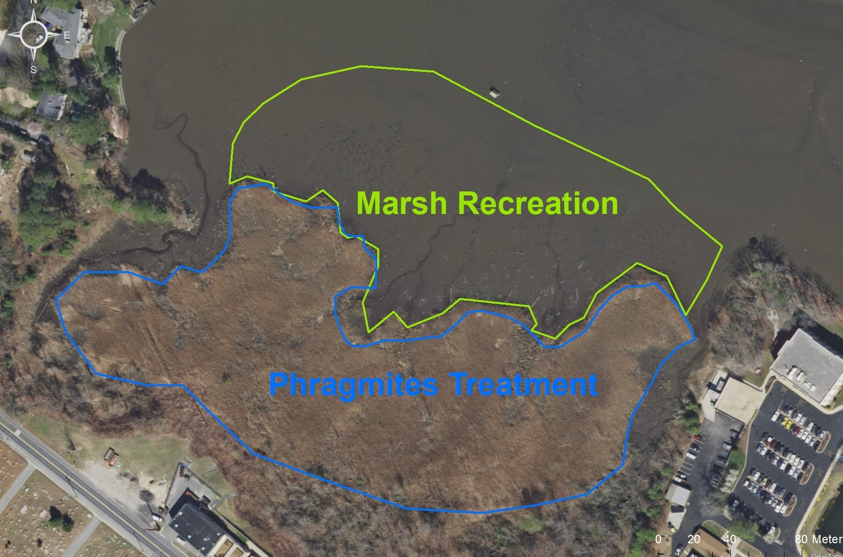Aerial view of a section of shoreline showing an open water area labeled "marsh recreation" and a wetland area labeled "phragmites treatment." 