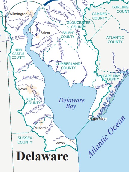 A snippet of a map showing the portions of Delaware, in all three counties, that are part of the Delaware River Basin.