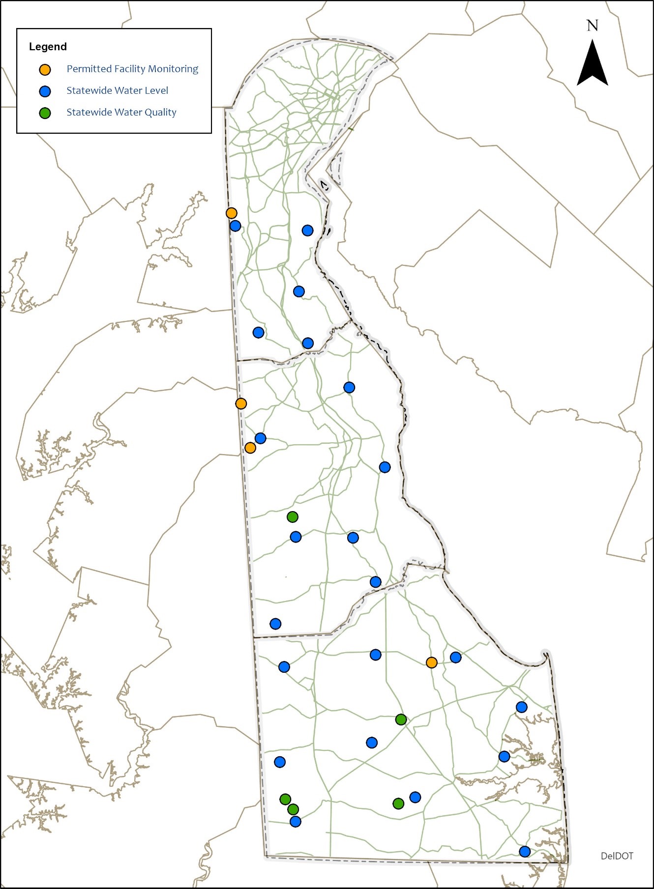 Map of the state of Delaware showing the locations of water quality monitoring wells.