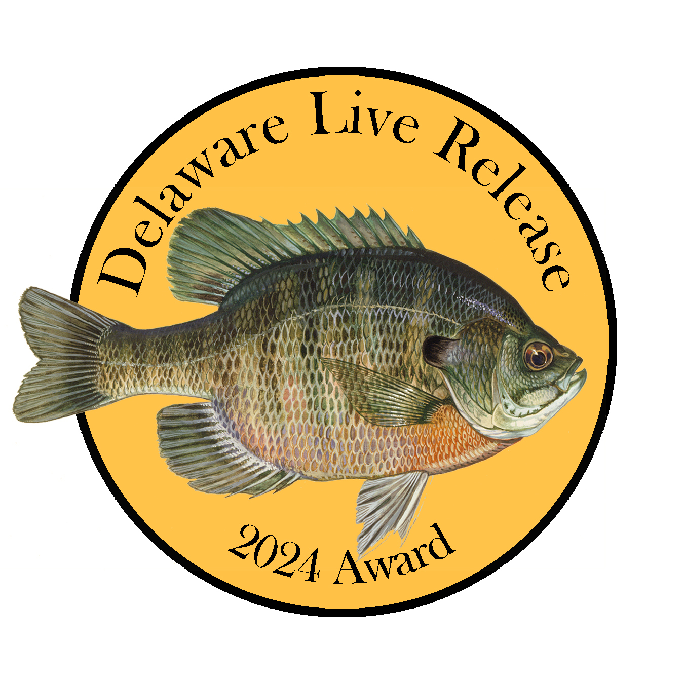 Image of a lapel pin showing an image of a fish with the words Delaware Live Release 2024 Award.