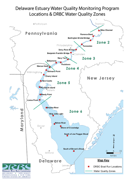 A map of the Delaware River and Delaware Bay displays locations visited by the Delaware Estuary Water Quality Monitoring Program, from near where the bay meets the Atlantic Ocean up to Trenton, New Jersey.