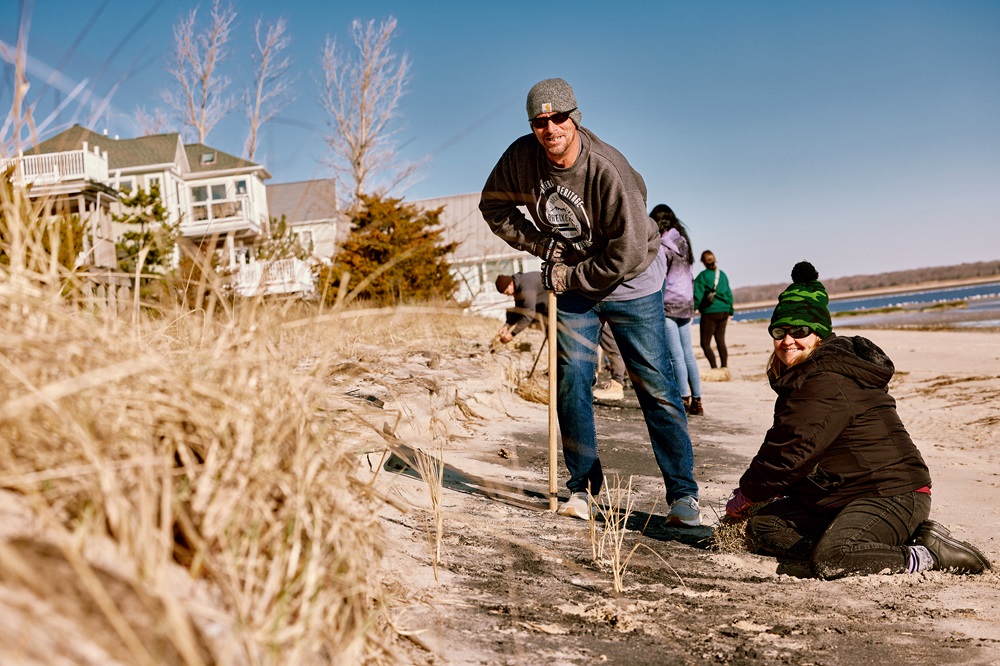 Volunteers plant beach grass at Bowers Beach. In the foreground, a man leans on a pole while a woman digs a hole with her hands.