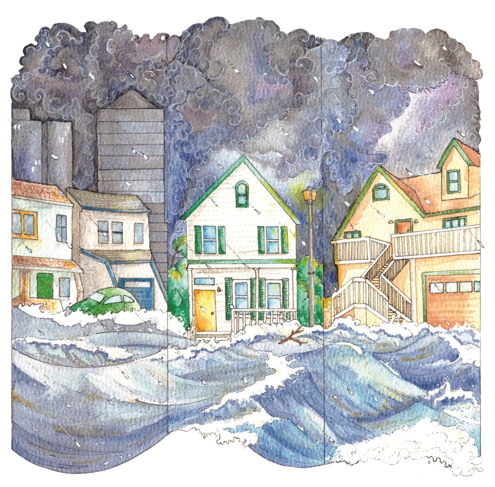 A watercolor collage of flooding, with houses in the background.