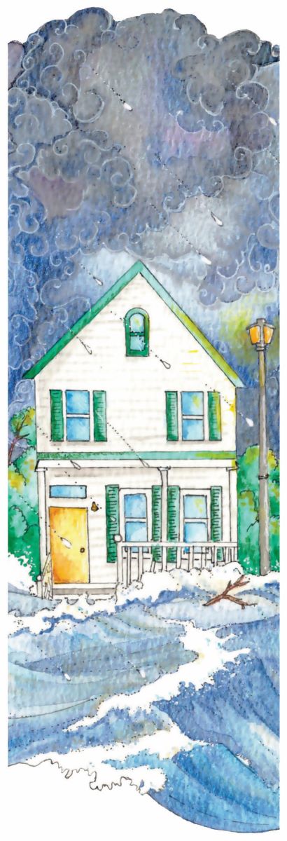 Watercolor painting of a house experiencing flooding.