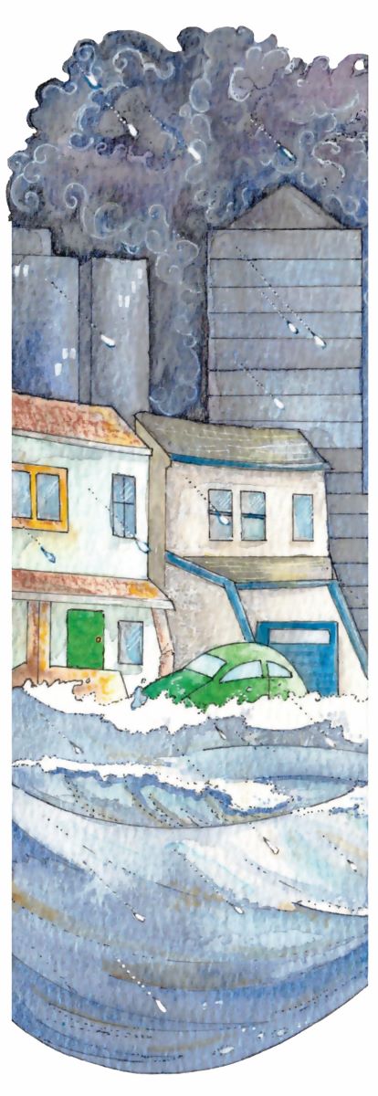 watercolor painting of townhouses experiencing flooding.
