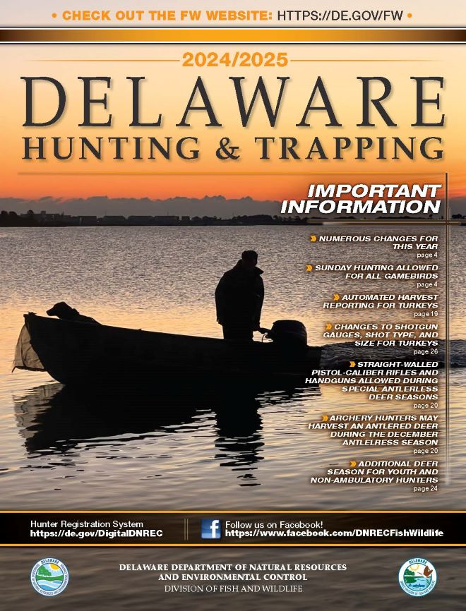 Cover of the 2024/2025 Delaware Hunting and Trapping Guide, showing a hunter on a small boat silhouetted against an orange sky