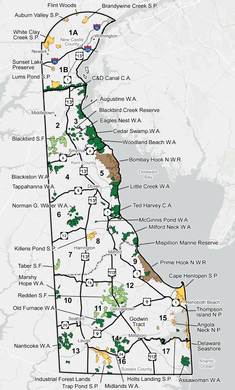 A map of Delaware, divided into 18 different wildlife management zones. 