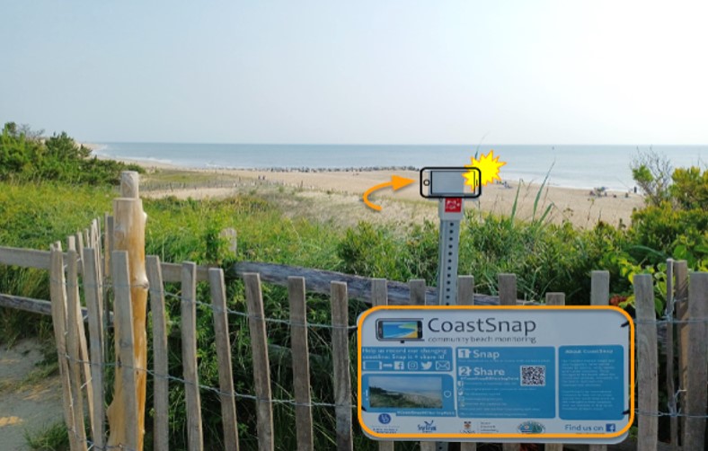 A composite image showing a camera mount overlooking a beach scene, with an arrow pointing to the mount and a representation of a smartphone app screen associated with the mount.