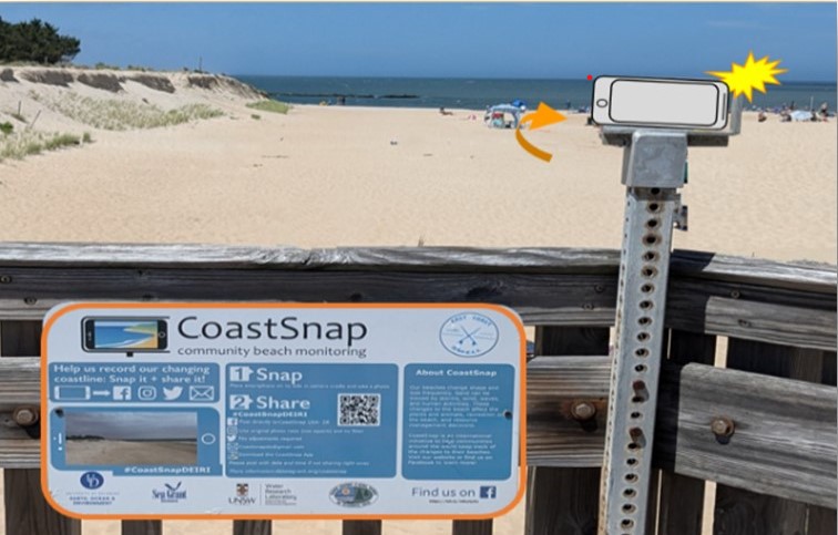 A composite image showing a camera mount overlooking a beach scene, with an arrow pointing to the mount and a representation of a smartphone app screen associated with the mount.