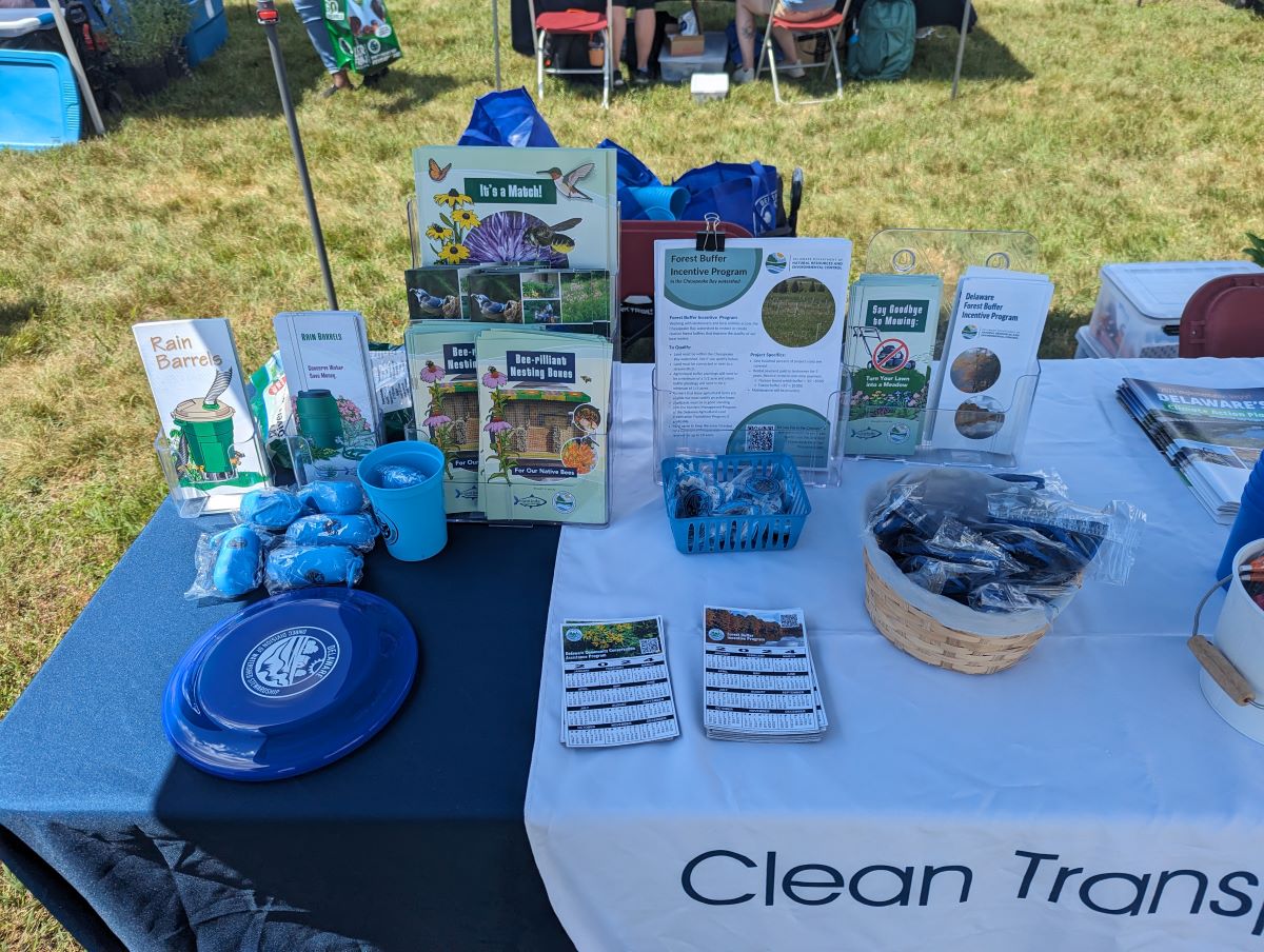 Close-up of a display table with brochures and branded give-aways.