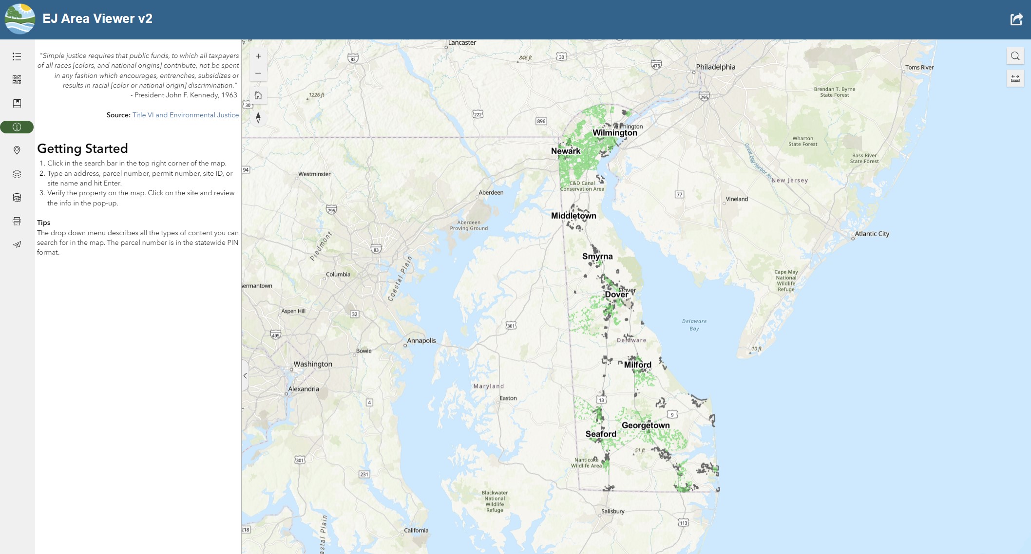 A screenshot of the DNREC Environmental Justice Viewer -- a map showing areas of the state that may be disproportionally impacted by agency decisions.