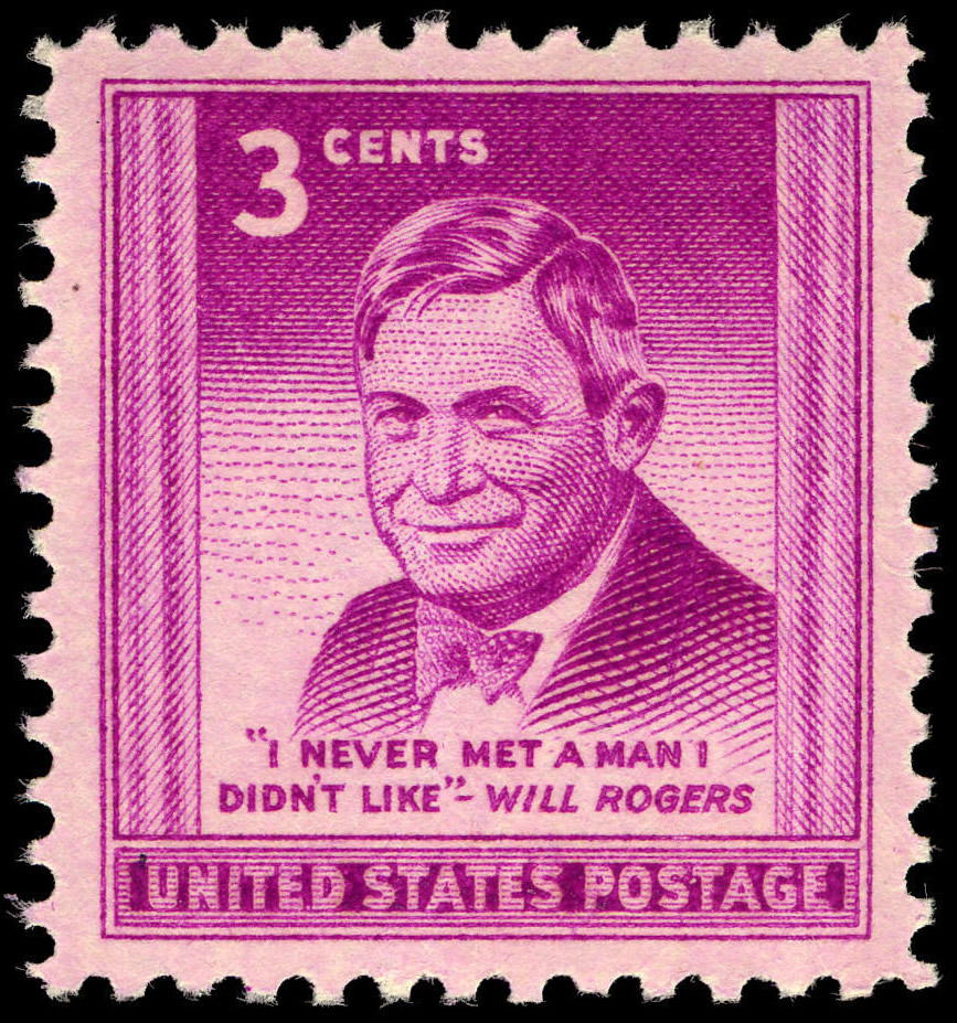 Image of a US postage stamp featuring a woodcut style image of a smiling man and a quote -- I never met a man I didn't like" -- attributed to Will Rogers.