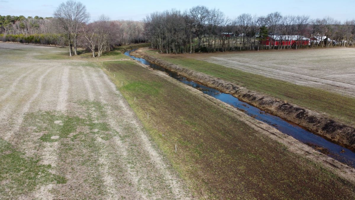 Photo of a drainage ditch between two farm fields with a wide vegetated buffer between the crop are and the ditch.