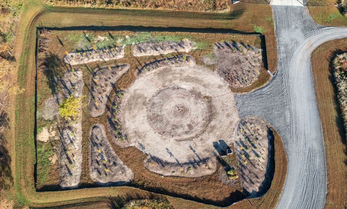 Aerial view of a garden section under development.