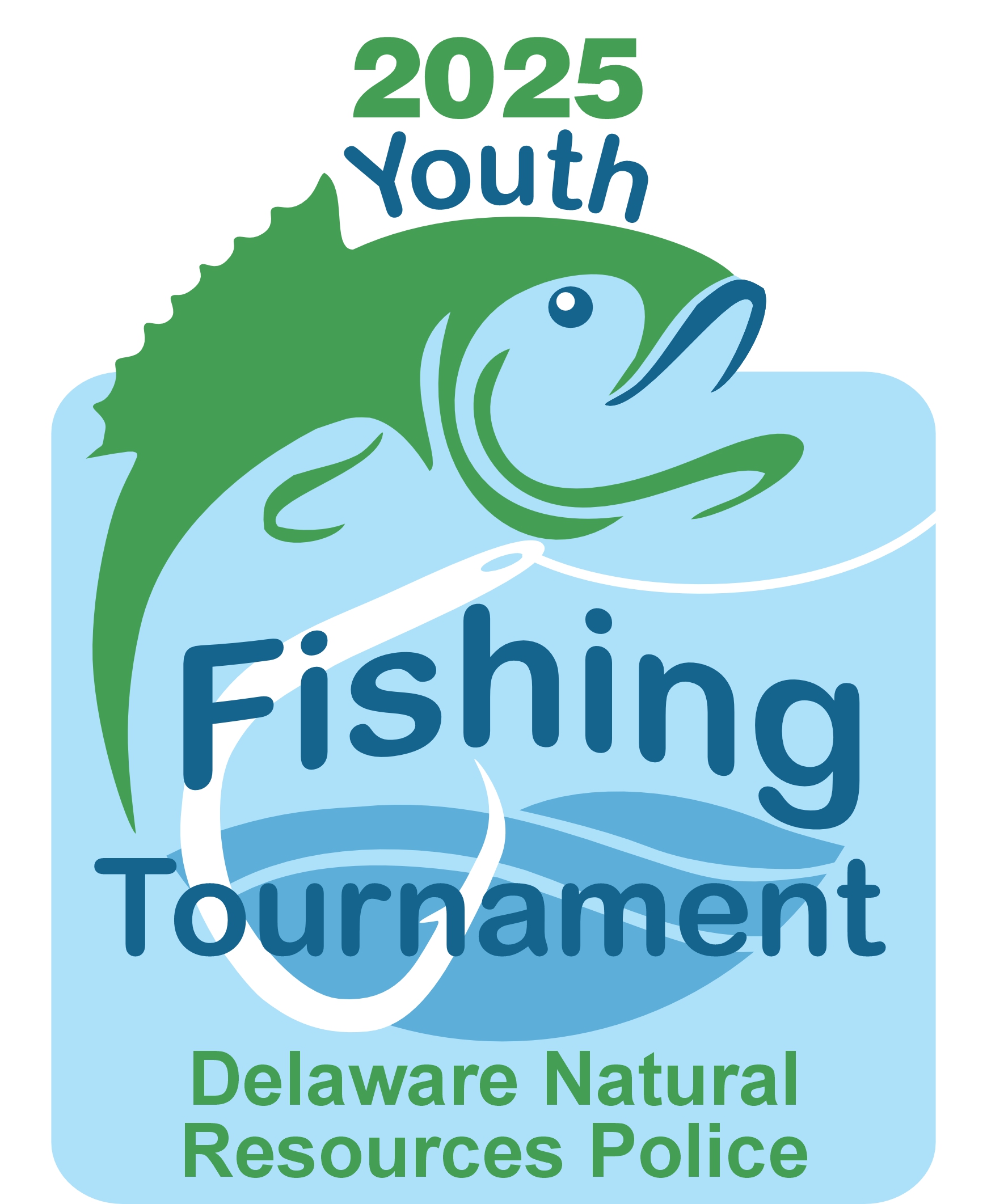 Graphic showing a stylized fish in action over the words 2025 Youth Fishing Tournament.