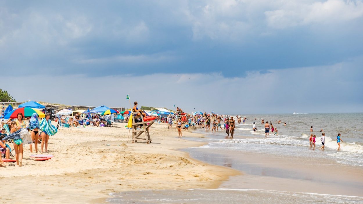 A crowded beach in summer.