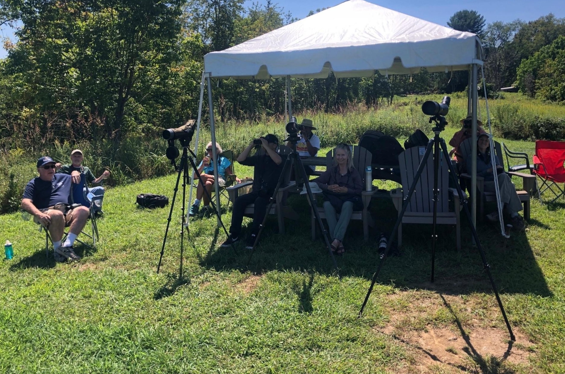A group of volunteers, some sitting in the shade, on a bright sunny day in a clearing on a hillside.