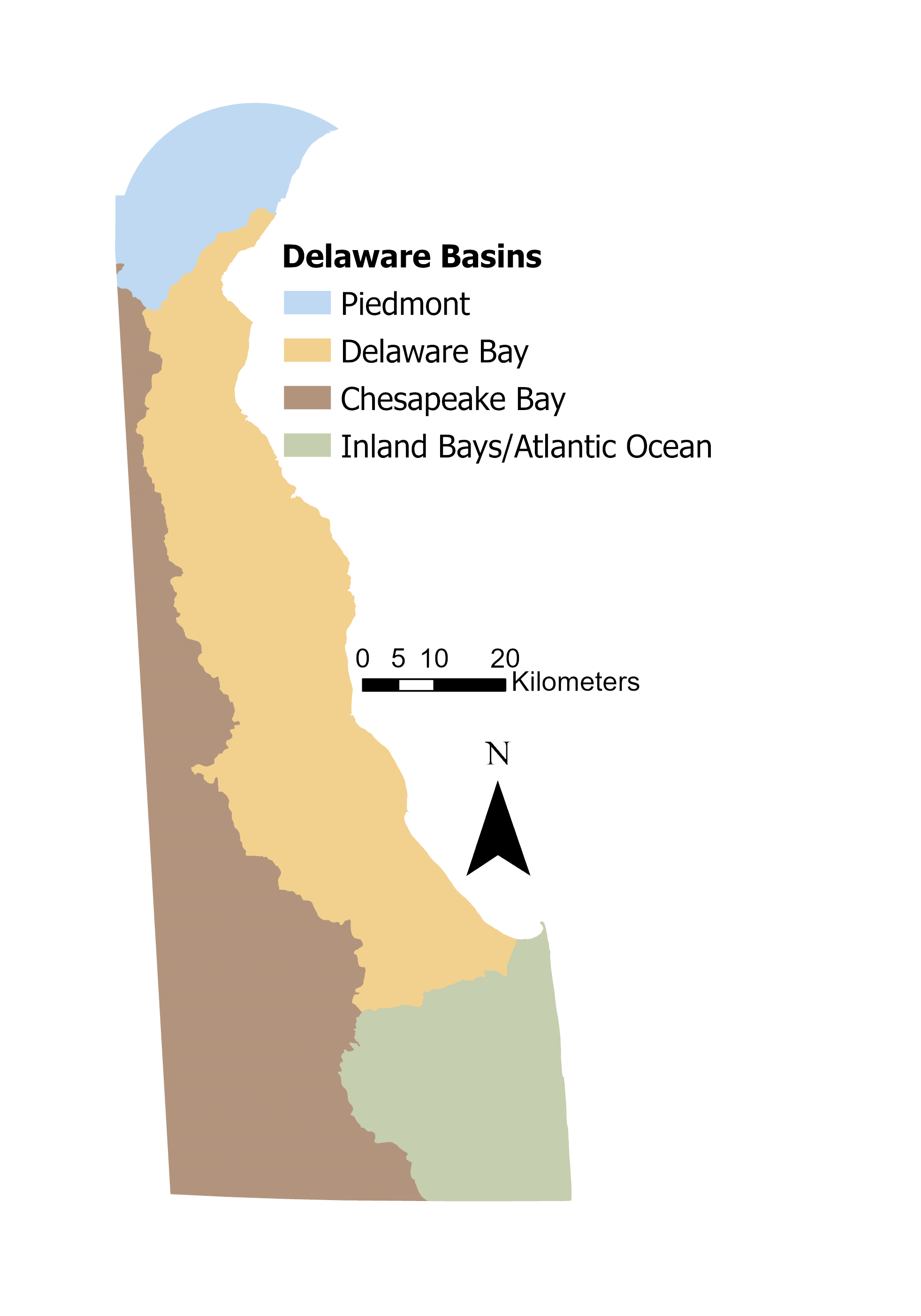 Map of Delaware showing the 4 Delaware Basins: Piedmont, Delaware Bay, Chesapeake Bay, and Inland Bays/Atlantic Ocean