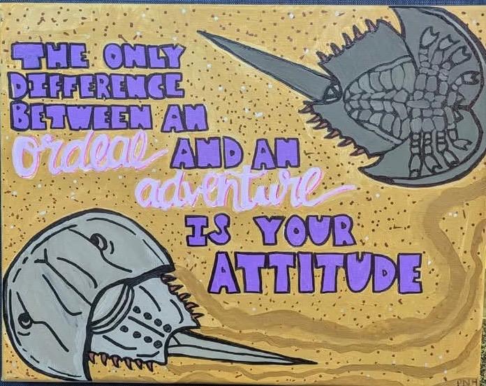 A painting of two horseshoe crabs encourages people to be positive.