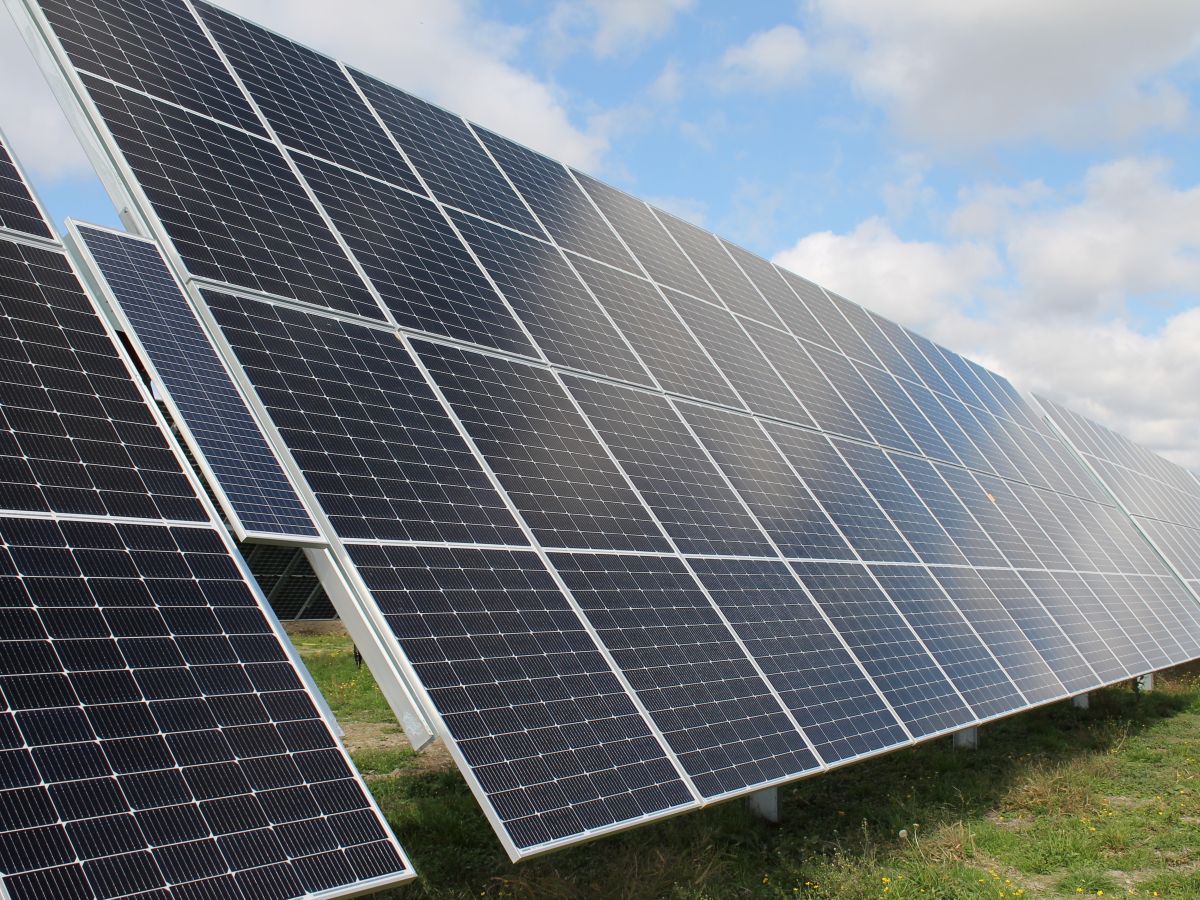 Close-up of a bank of solar panels.