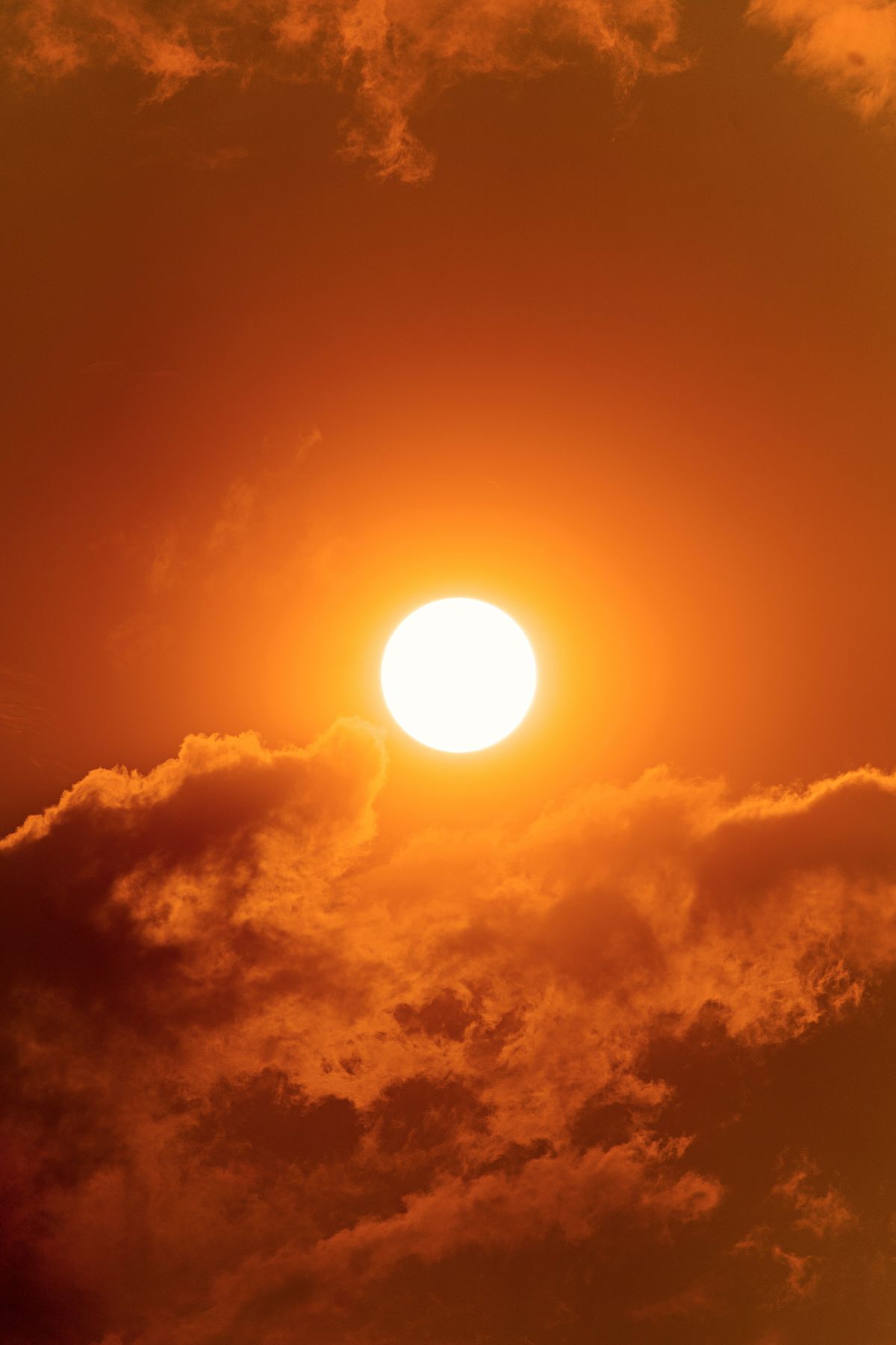 A bright sun burns in a reddish, hazy sky.