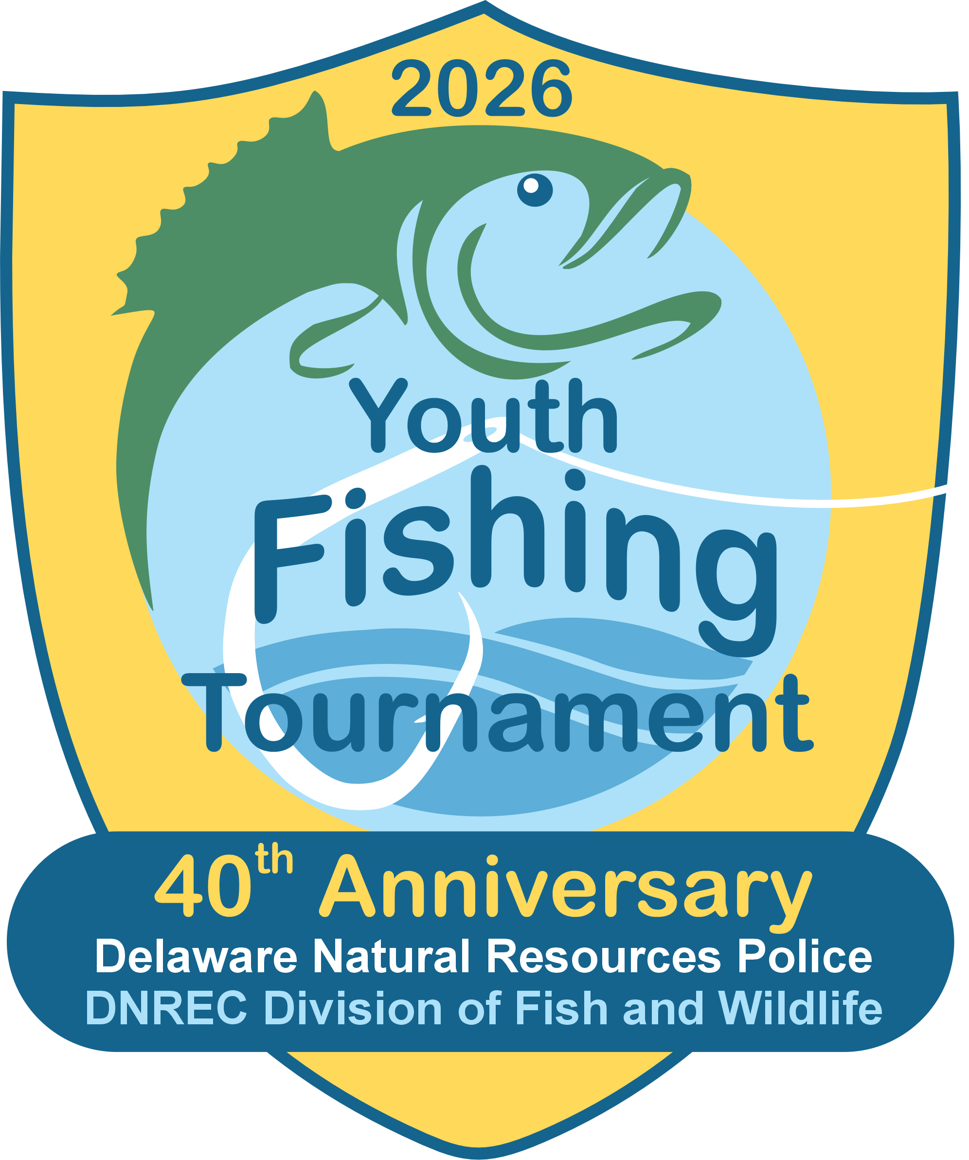 Shield shaped image featuring a leaping fish and the words "Youth Fishing Tournament."