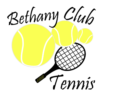 Logo of Bethany Club Tennis, featuring tennis balls and a tennis racket.