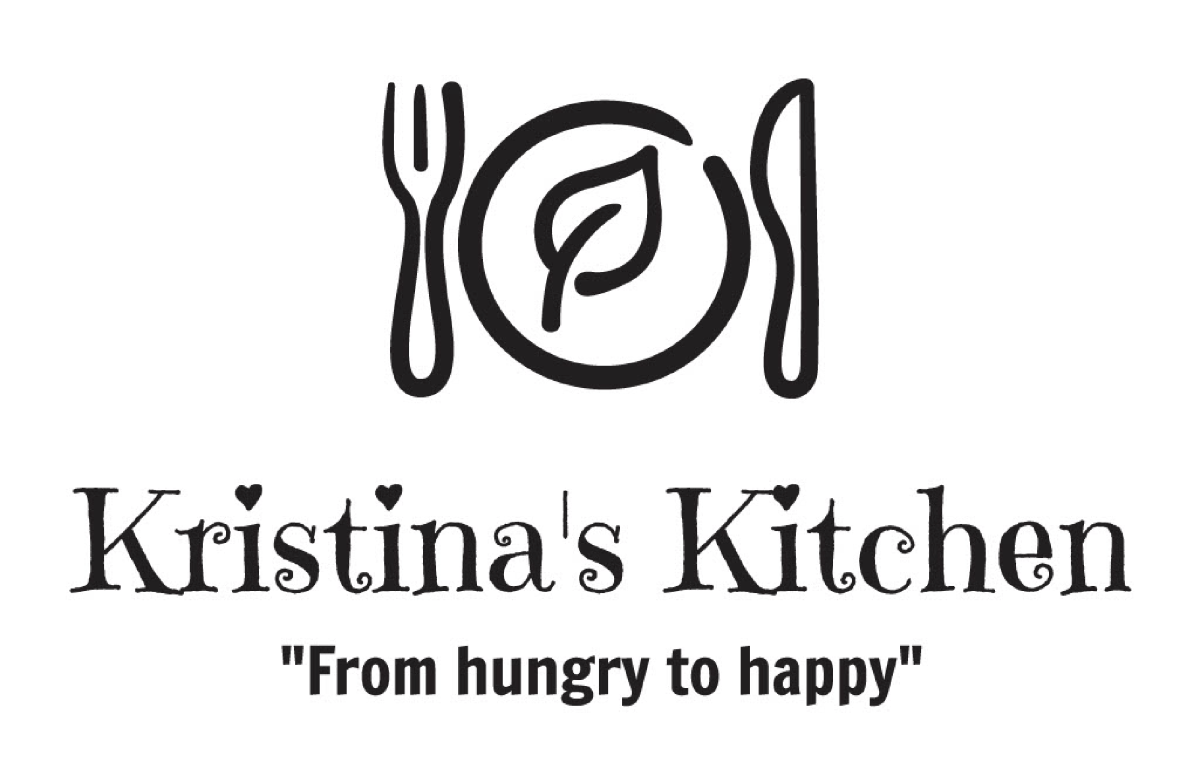 Image of a plate with a fork and knife and the words: "Kristina's Kitchen: from hungry to happy."