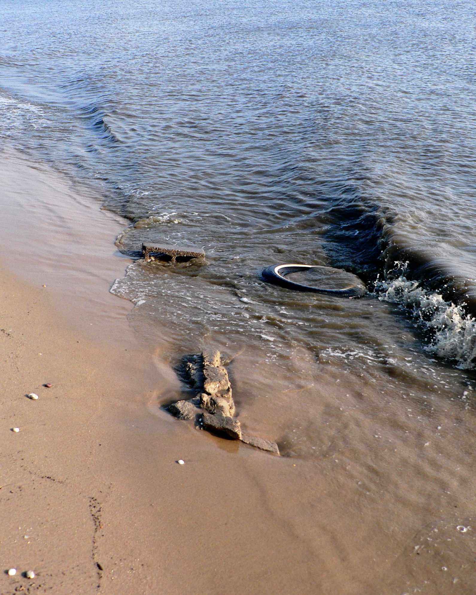A tire and other debris partially submerged in water at the edge of the shore.