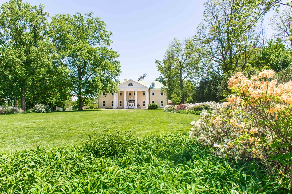 A house sits in the background, while in the foreground trees and flowers loom.