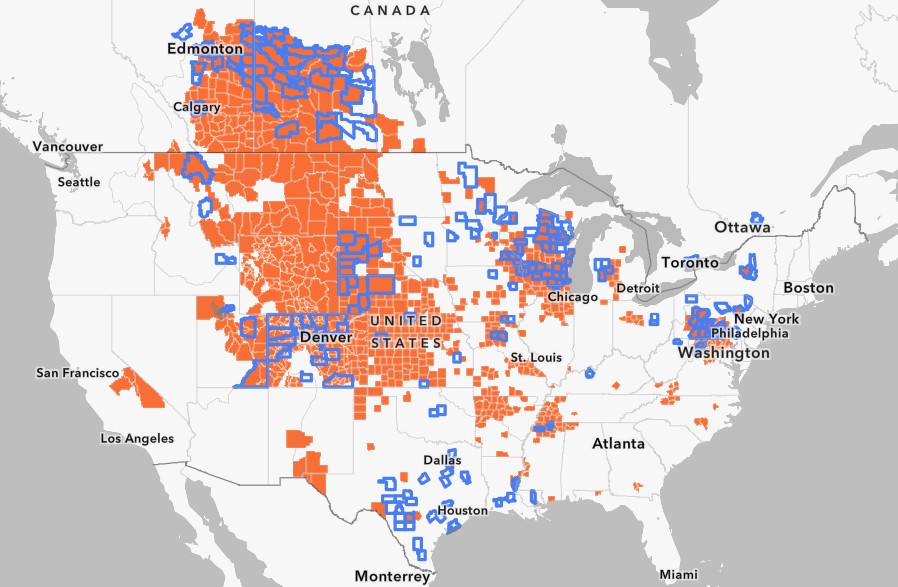 Map showing spread of CWD in North America, including in the U.S. and Canada.
