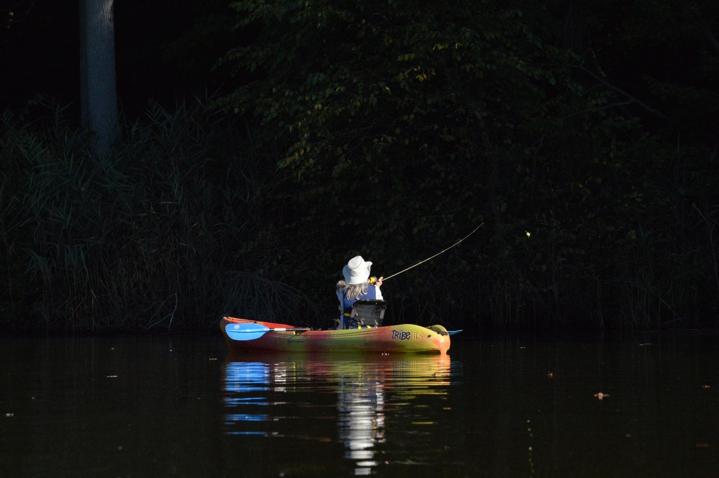 An angler casts for a fish from a yellow kaya.