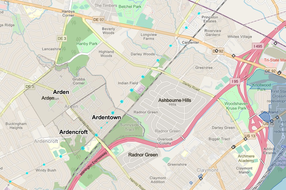 A map showing the location of the towers that make up the Delmarva Power Silverside Naamans Transmission Line Site.
