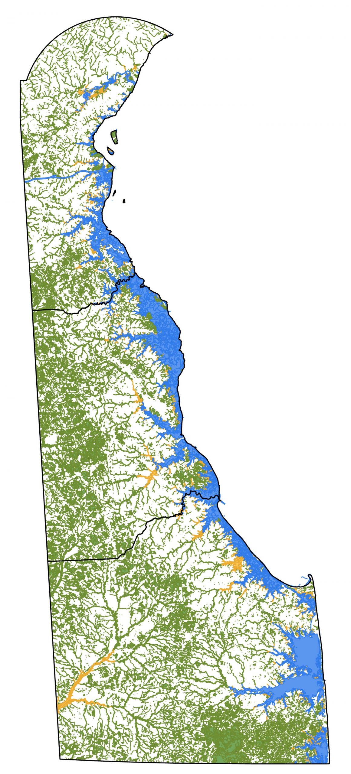 Map of the state of Delaware showing different types of wetlands.