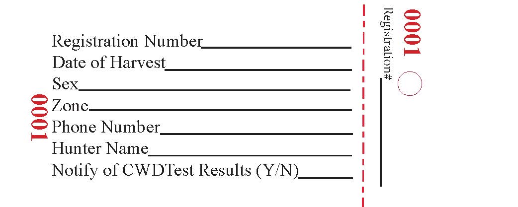 Example of a deer registration tag, showing the information that must be filled in.
