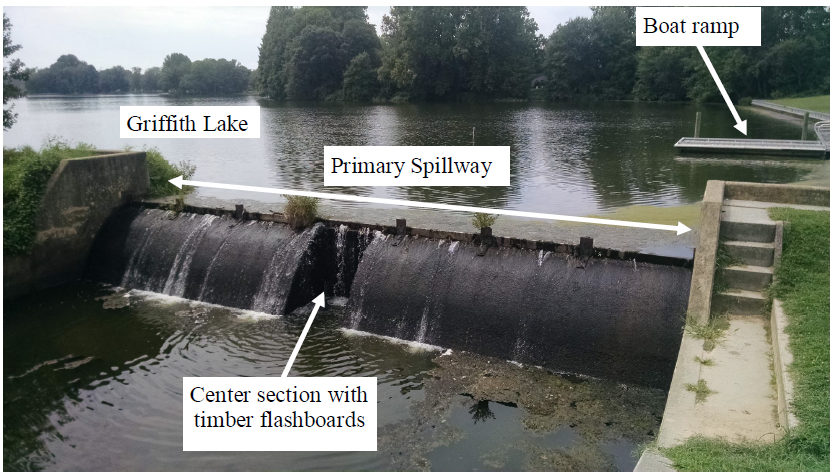 A labelled photo of a dam identifying the lake, primary spillway and boat ramp.spillway