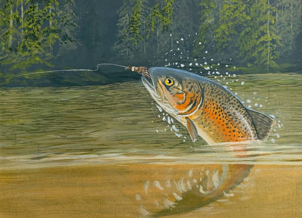 A speckled brown fish partially out of the water biting a hook.